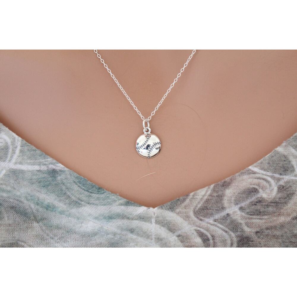 Sterling Silver Baseball Necklace, Silver Flat Baseball Necklace